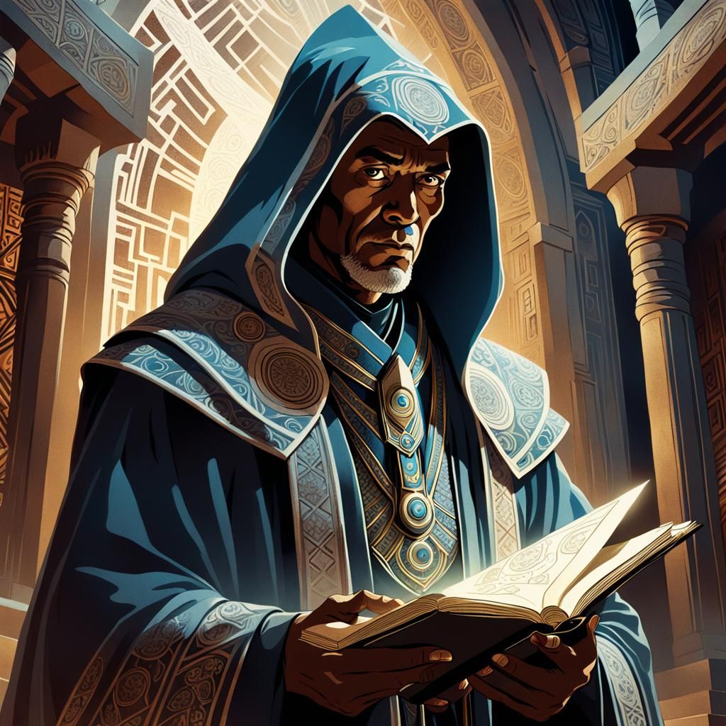 Vulcan Priest in Ancient Temple, Sci-Fi Illustration