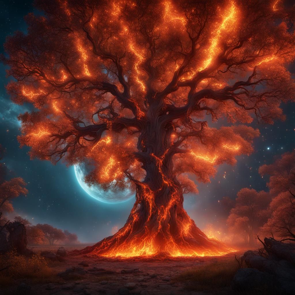 a large tree in middle of space, on fire, flame, vibrant, at...