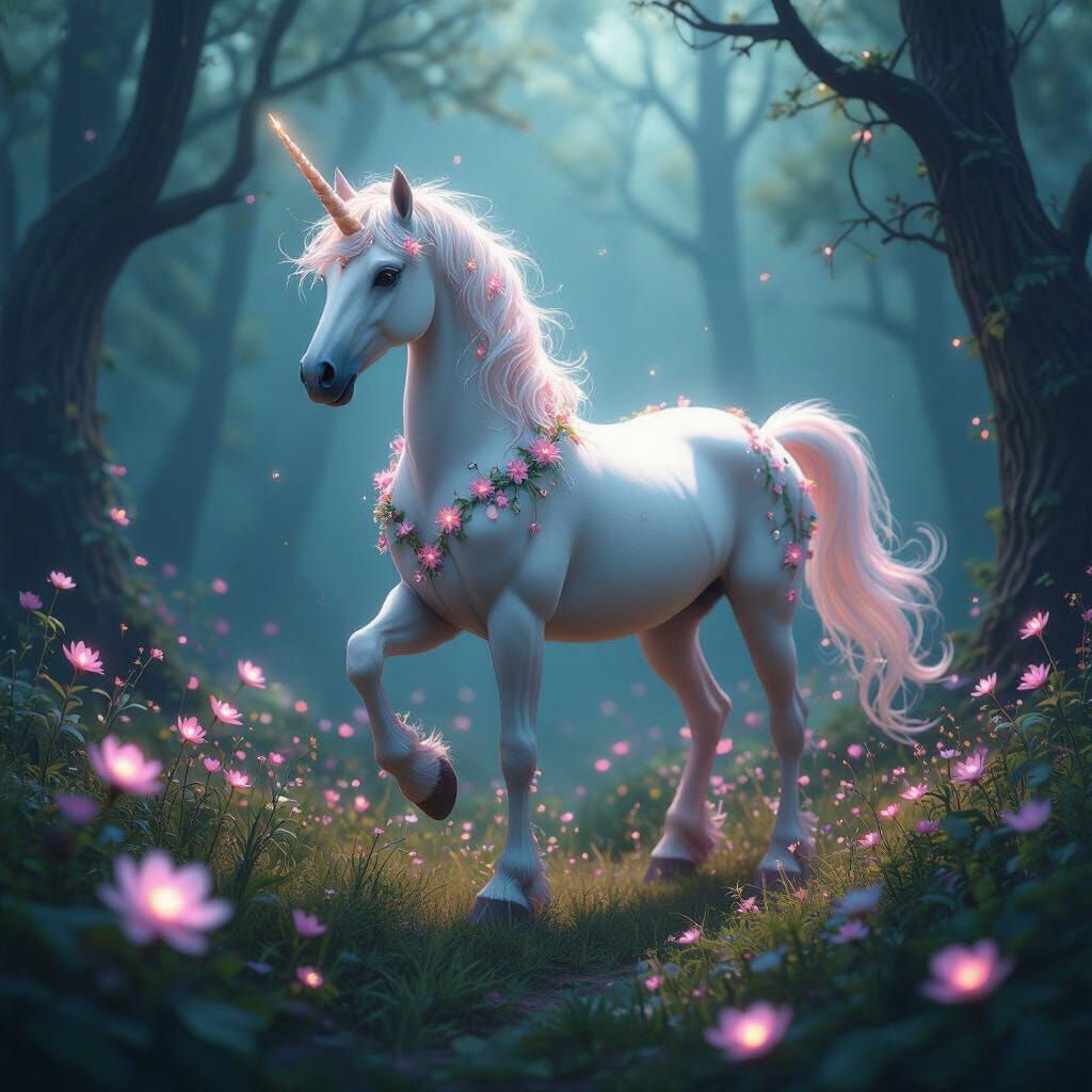 Floral Unicorn in Bioluminescent Forest