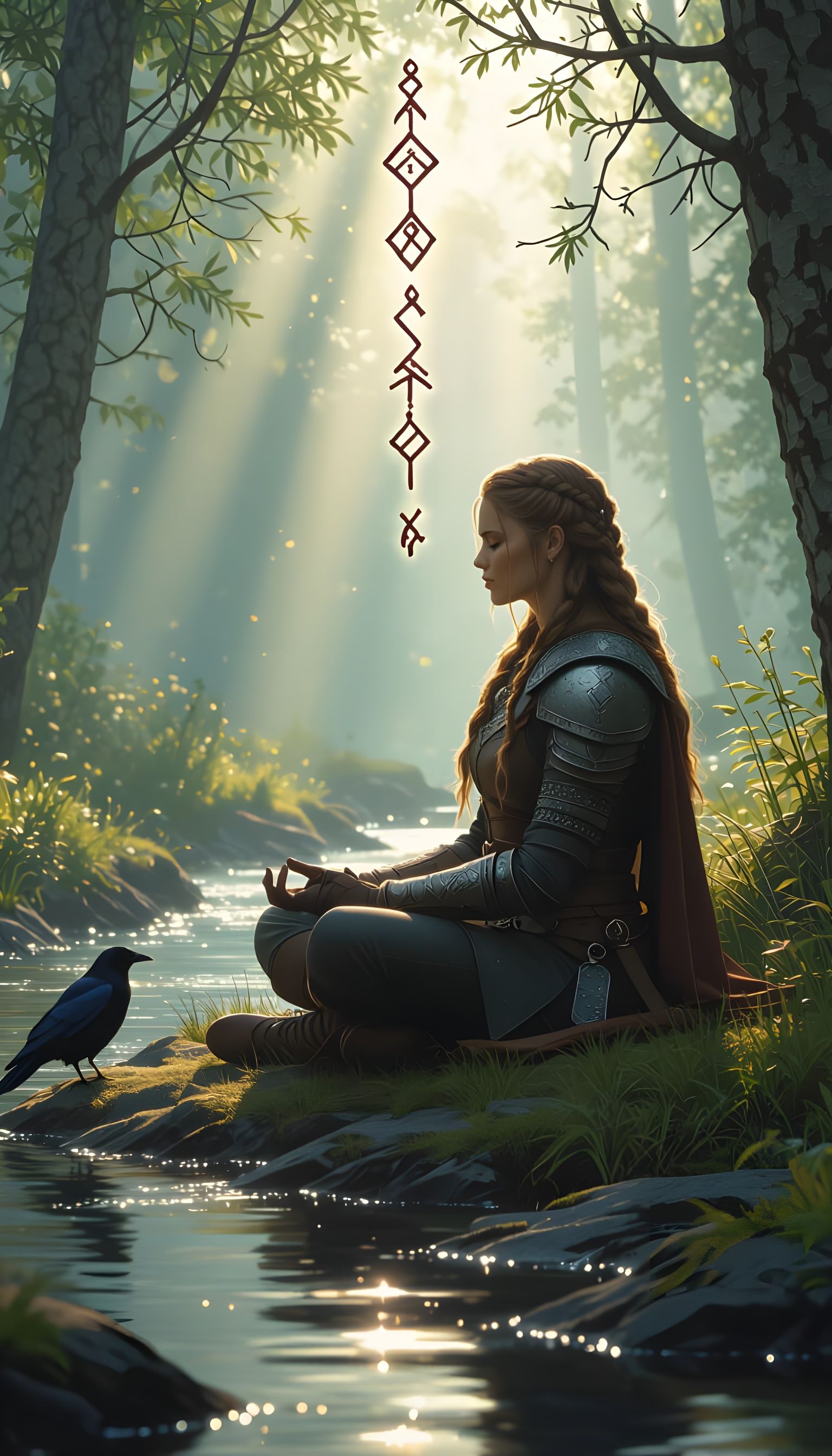 Shieldmaiden Meditating in Nordic Forest with Glowing Runes