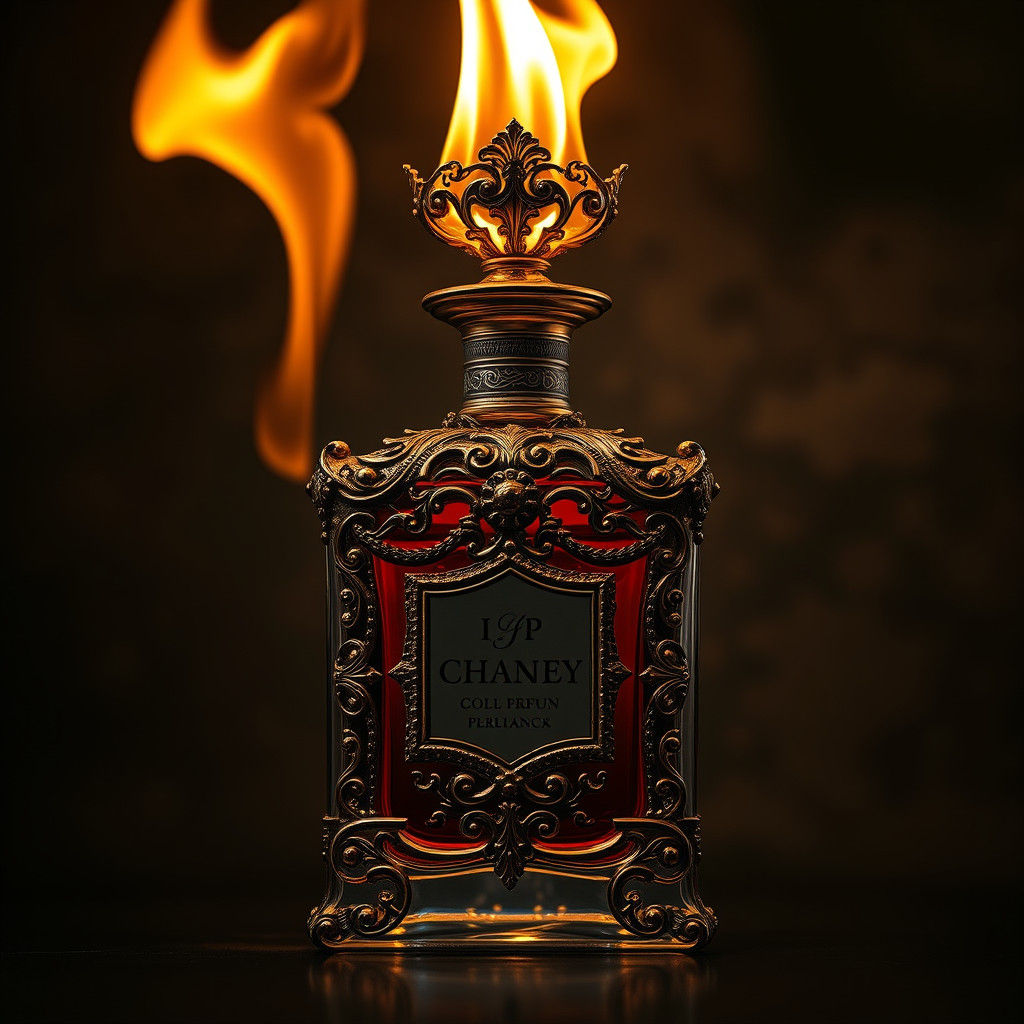 Ornate Perfume Bottle Ablaze with Dramatic Flair