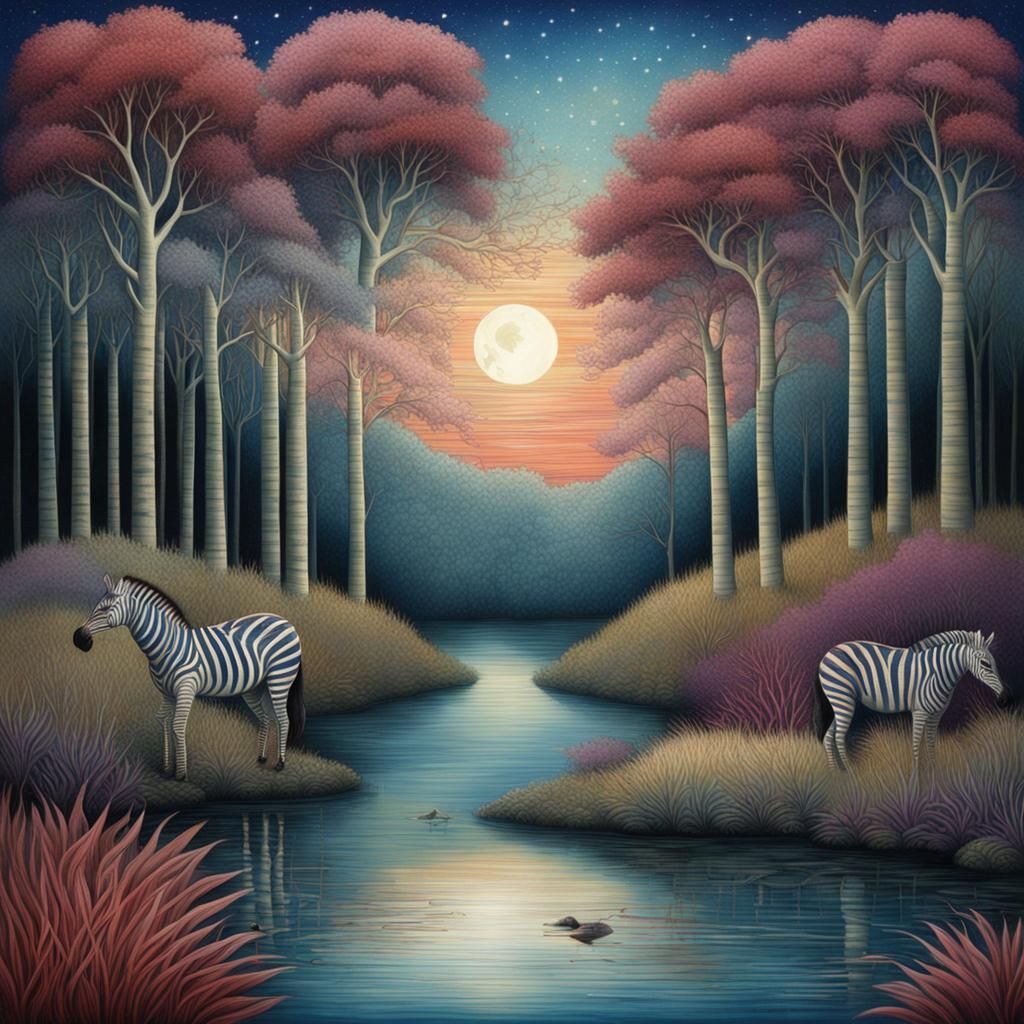 Two zebras on a river at sunset, grazing on the edge of the river as the moon reflects on the water...