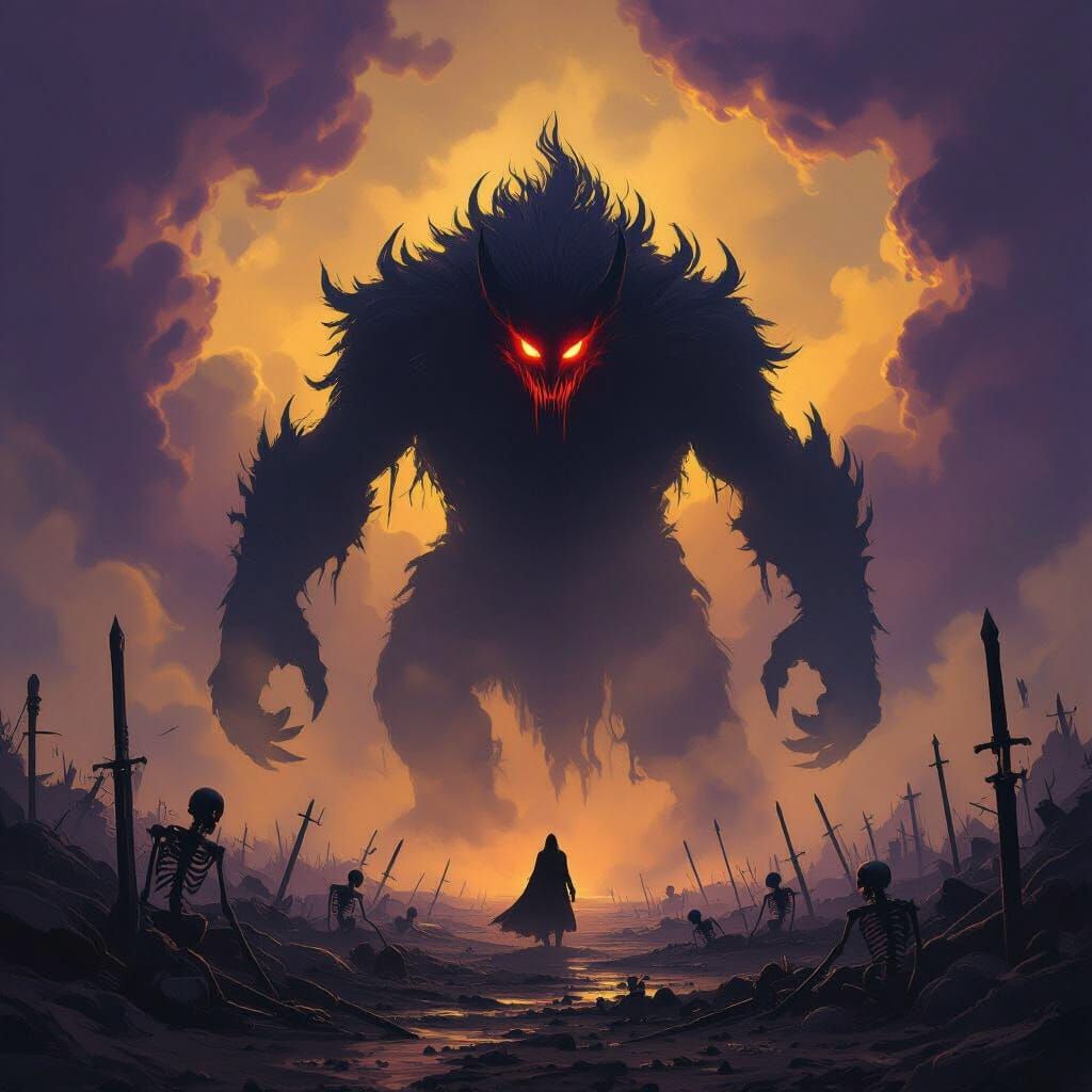 Shadow Beast Emerges from Mist on Battlefield