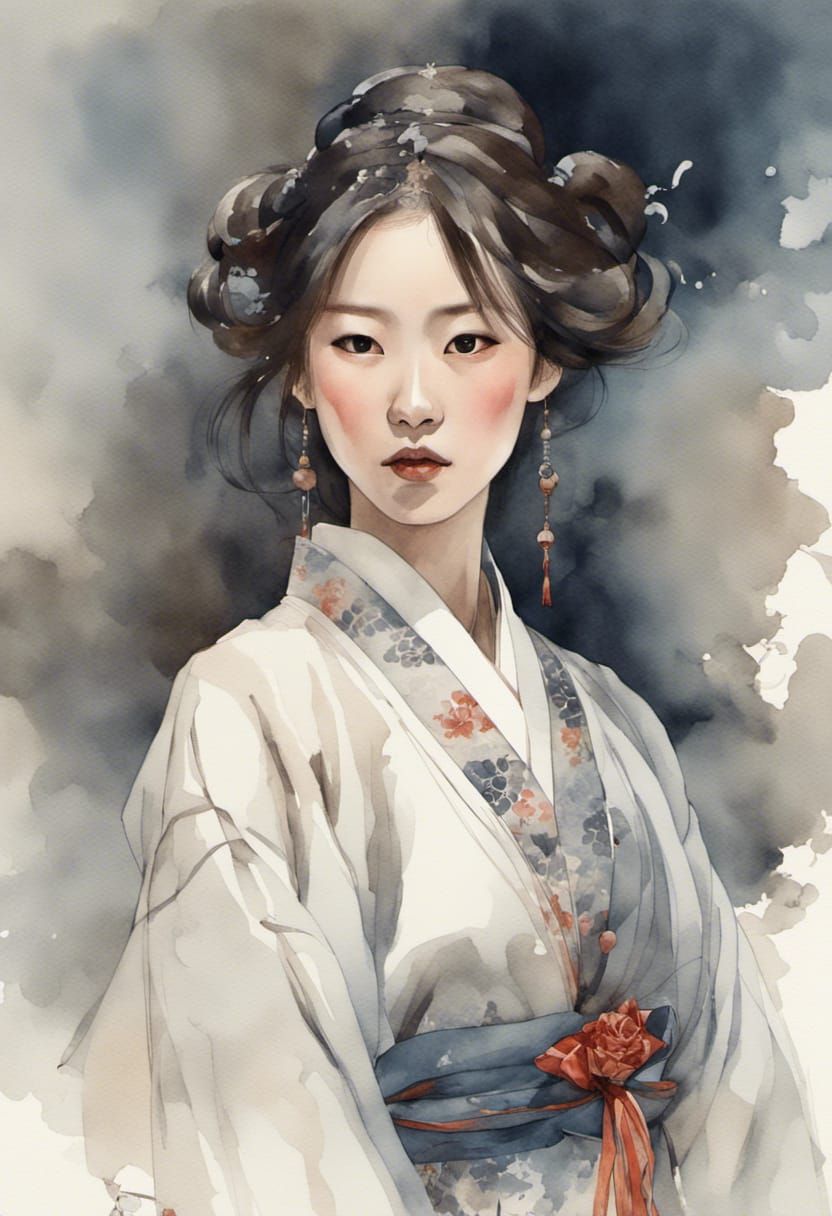 Korean Woman in Watercolor Art Nouveau Style