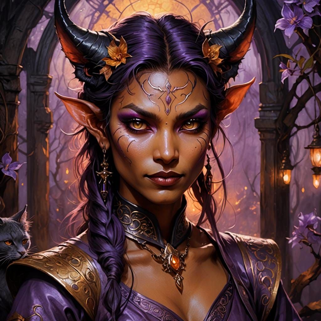 Rakshasa Tieffling: Art Nouveau Oil Painting