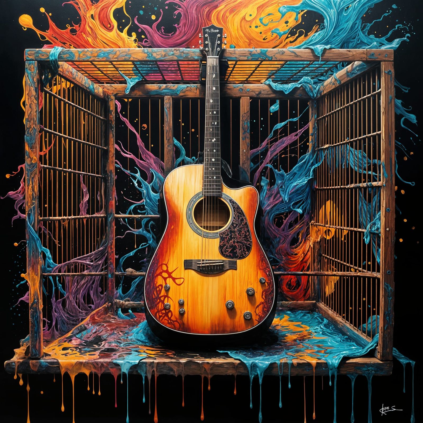 Hyperrealistic Caged Guitar in Graffiti Street Art