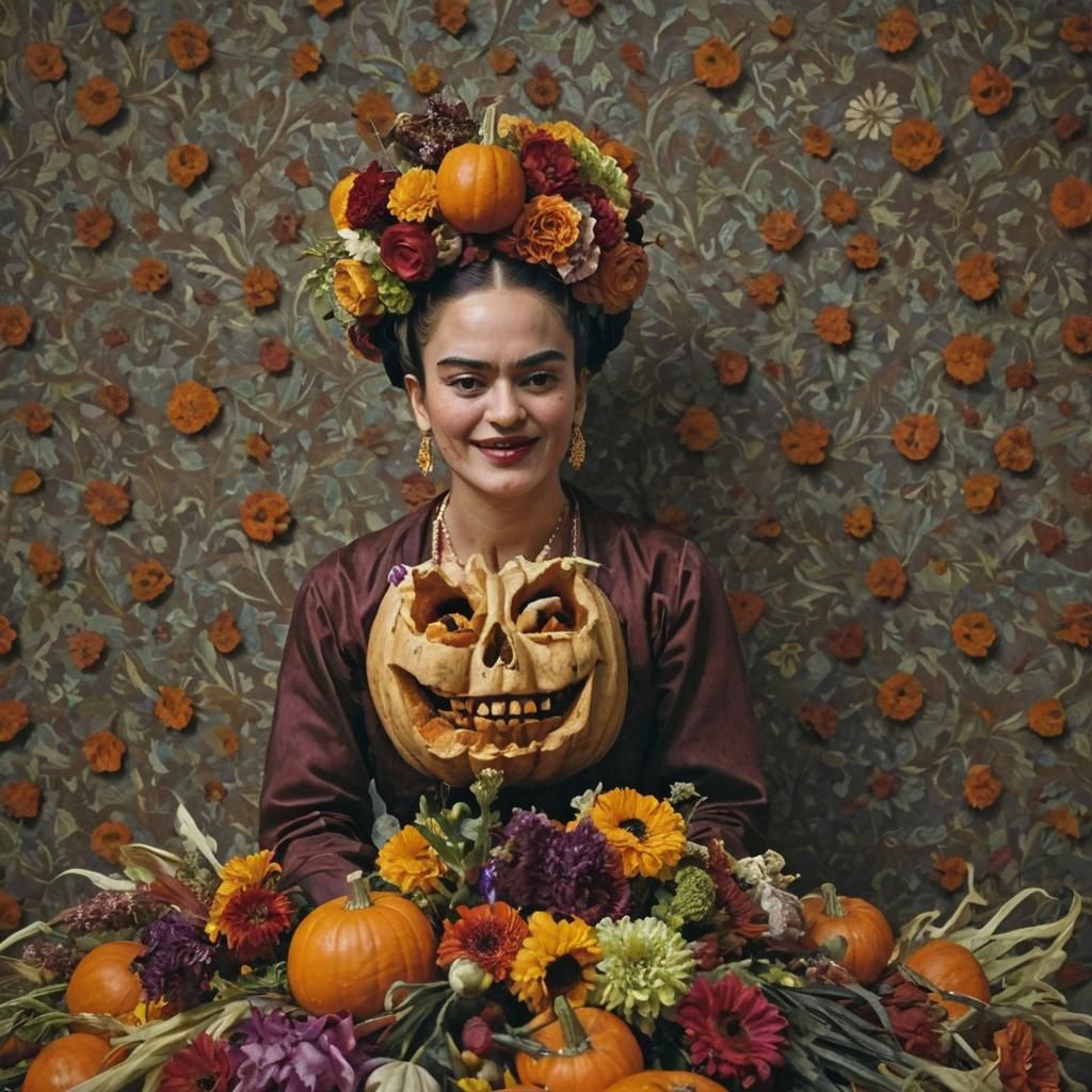 Frida Kahlo Clown with Pumpkin, Cinematic Still