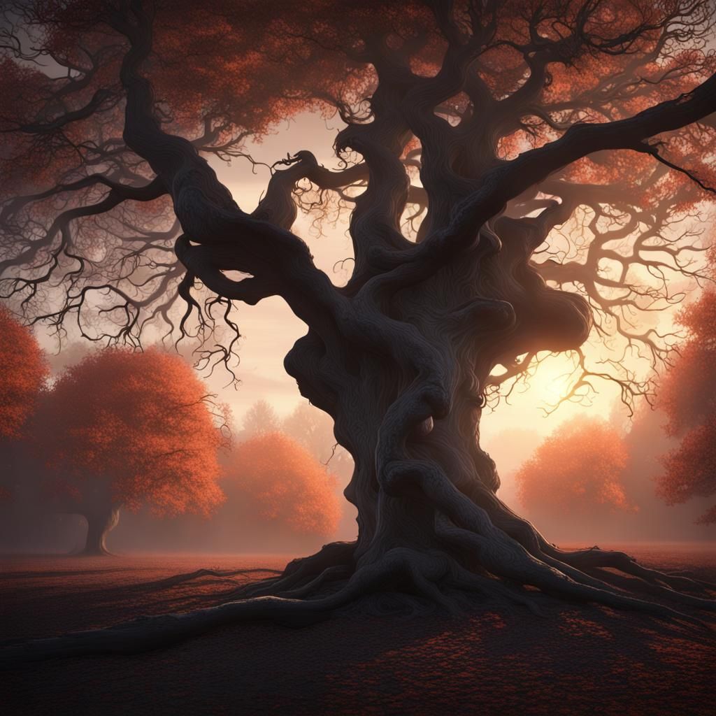 Gothic Crooked Tree at Sunrise: Noir Matte Painting