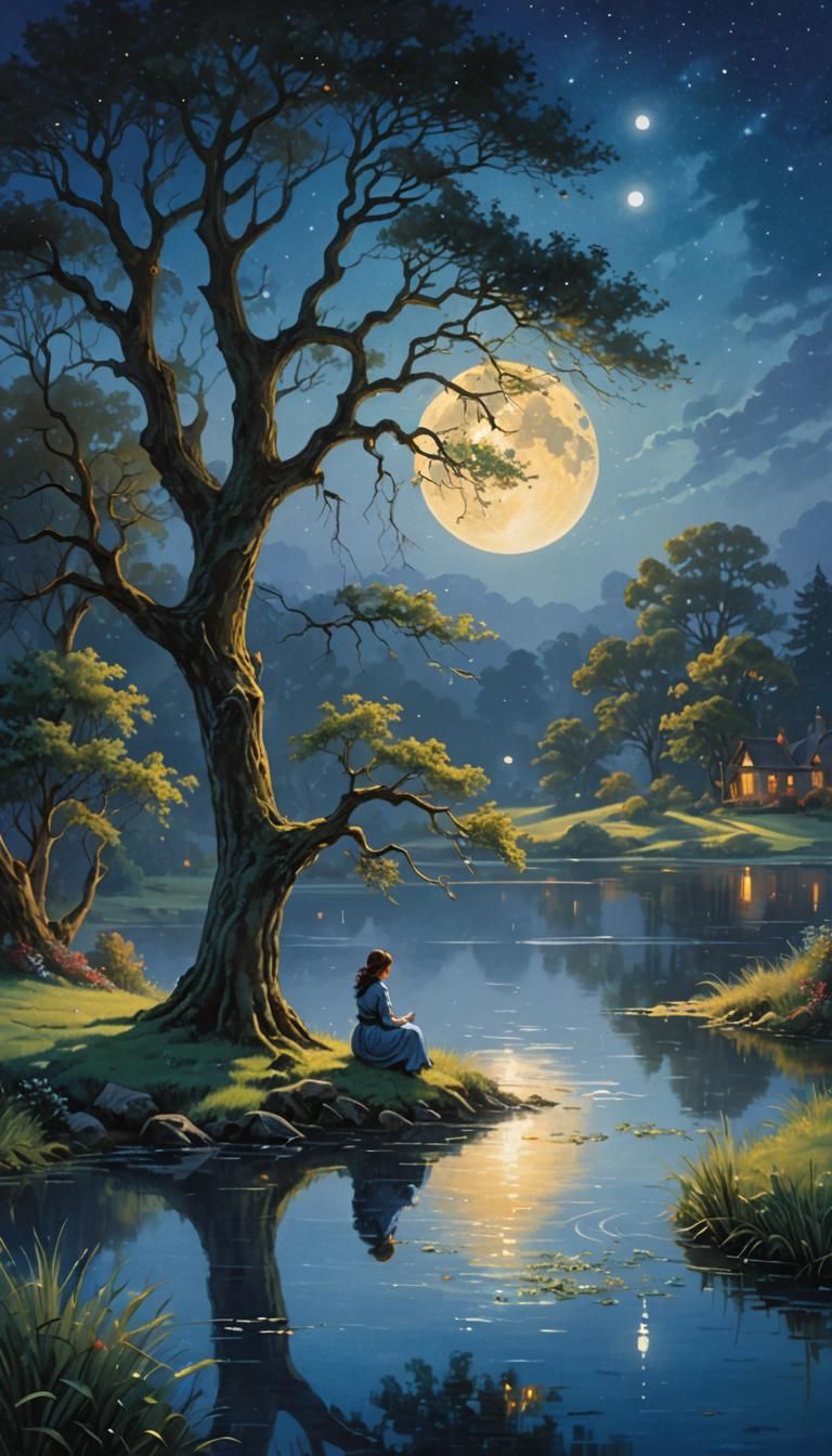 Ethereal Moonlit Lake in Neo-Impressionism Style
