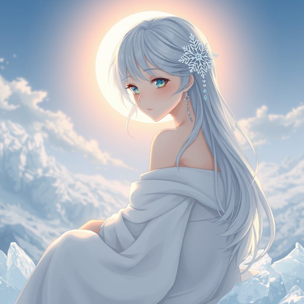 Anime Goddess Radiates Serenity Amidst Melting Ice