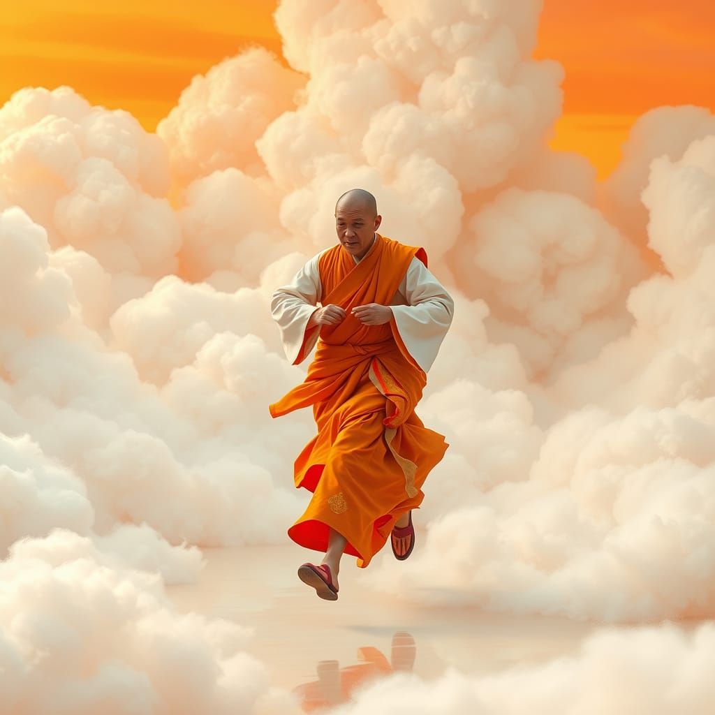 Monk Running Through Dreamlike Cloudscape