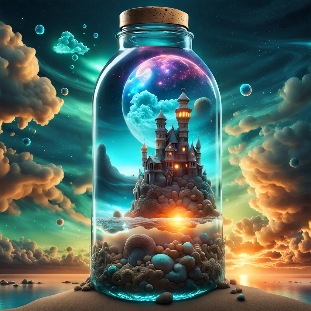 Fairycore Sandcastle in Glass Bottle, Digital Illustration