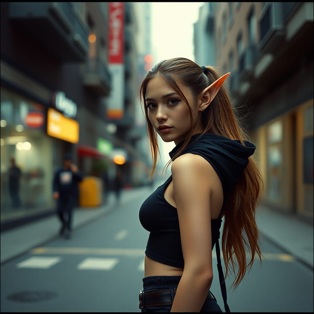 Cyberpunk Urban Elf in Cityscape Film Still