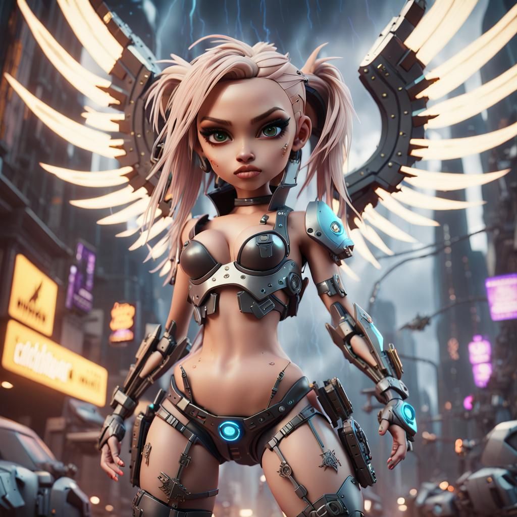 Cyberpunk Bratz Doll Soaring Through Cityscape