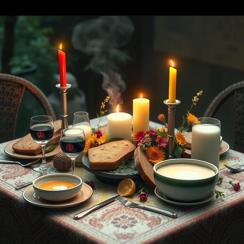 Surreal Imbolc Feast Table in Vibrant Colors and Detailed Fa...