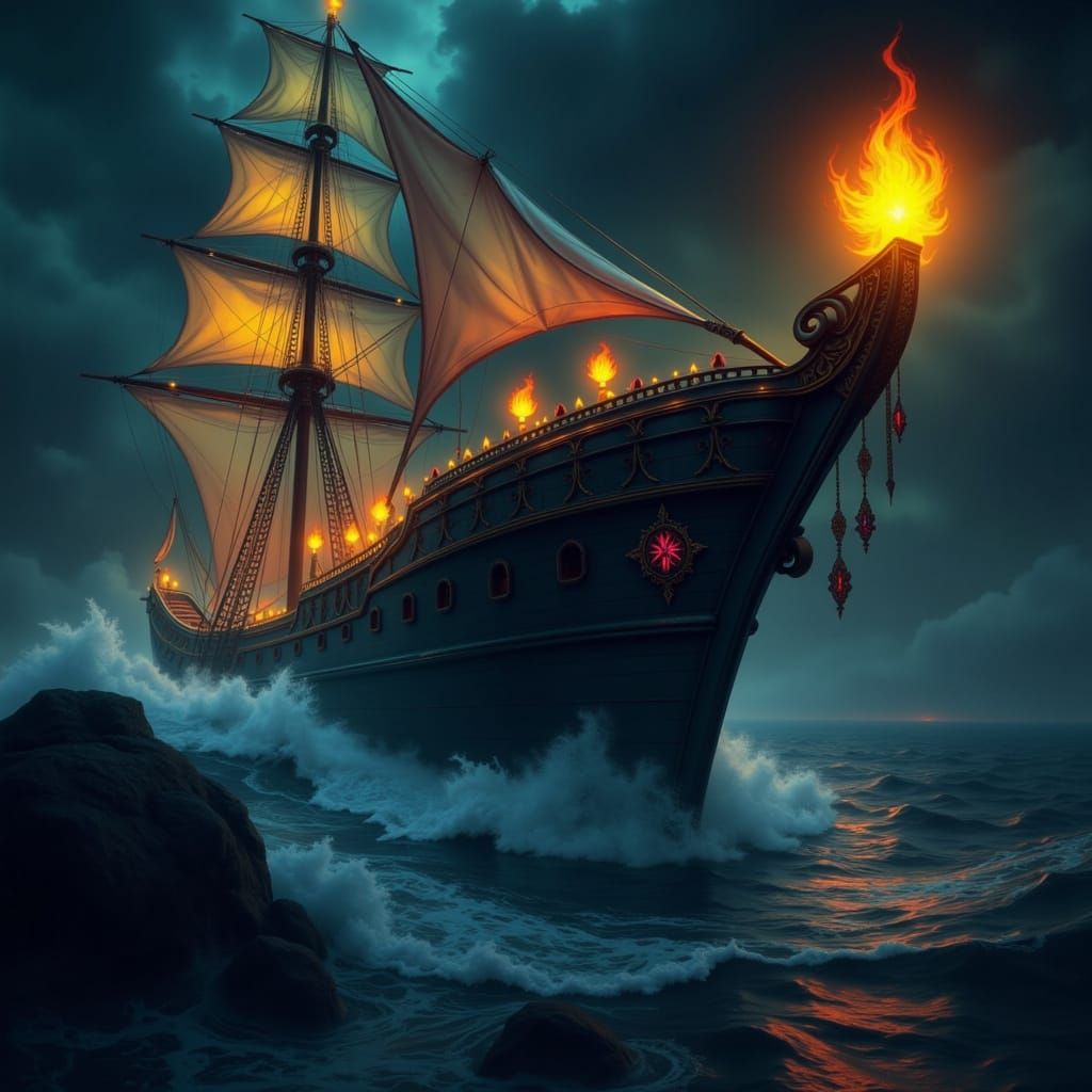 Majestic Sailing Ship in Dark Fantasy Style