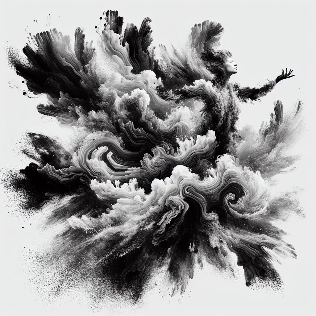 Abstract Monochrome Figure Merging with Swirling Environment