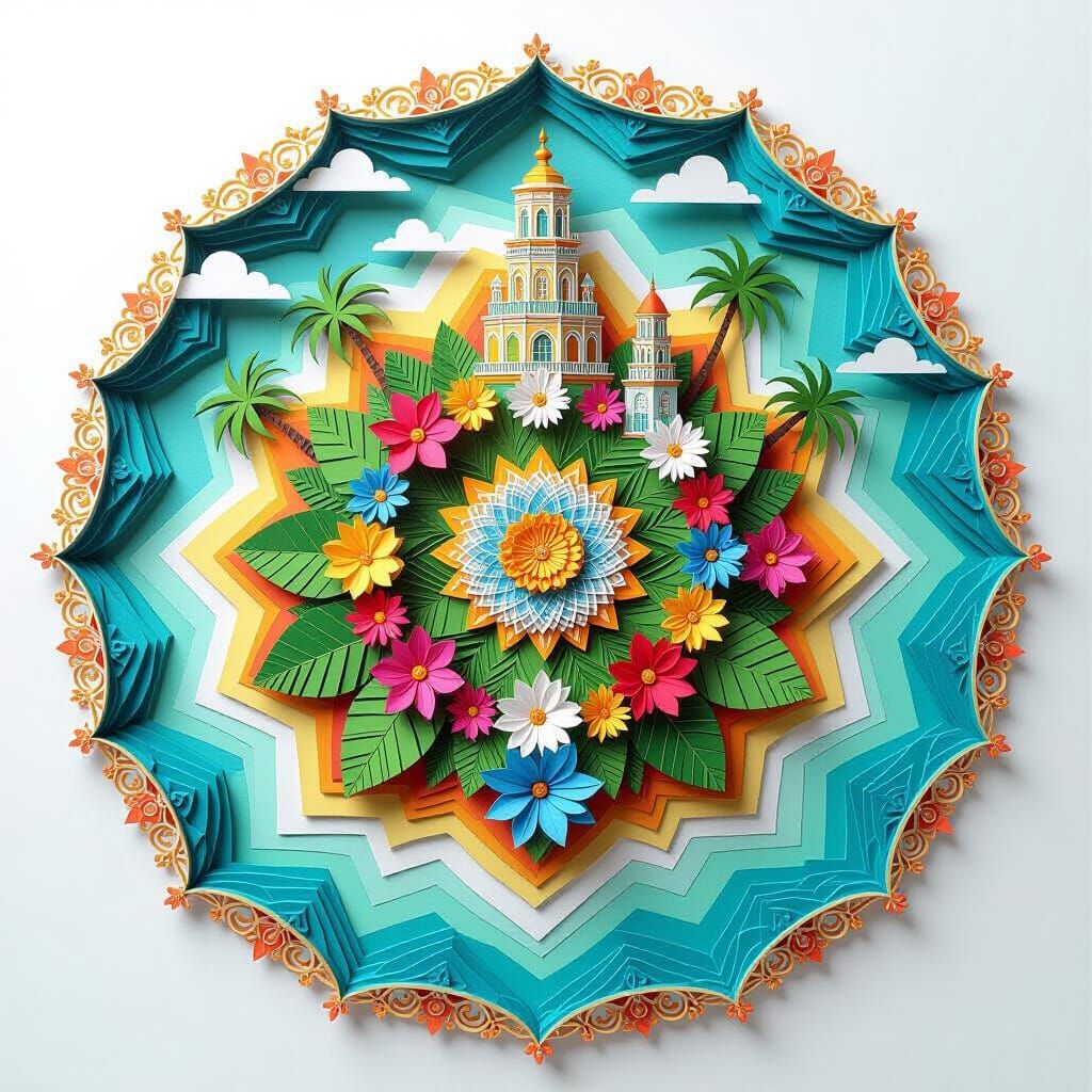 Intricate Paper Island Composition in Bold Colors