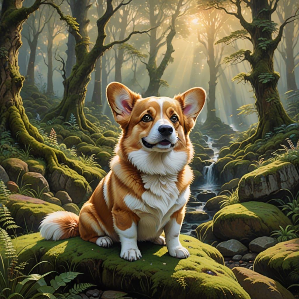 Ethereal Welsh Corgi in a Whimsical Forest