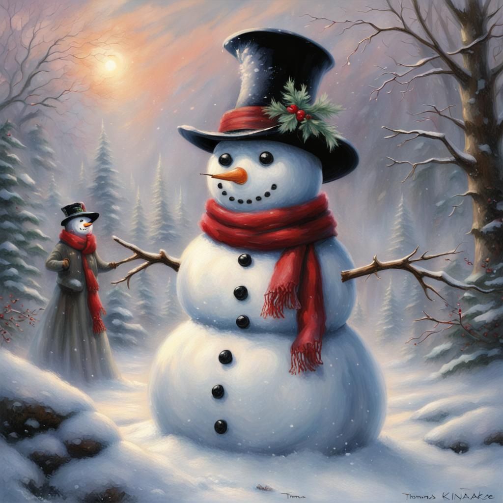 Ethereal Snowman with Red Scarf in Fantasy Landscape
