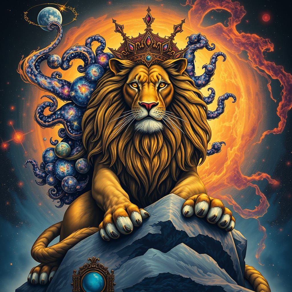 Cosmic Lion King in Art Nouveau Style