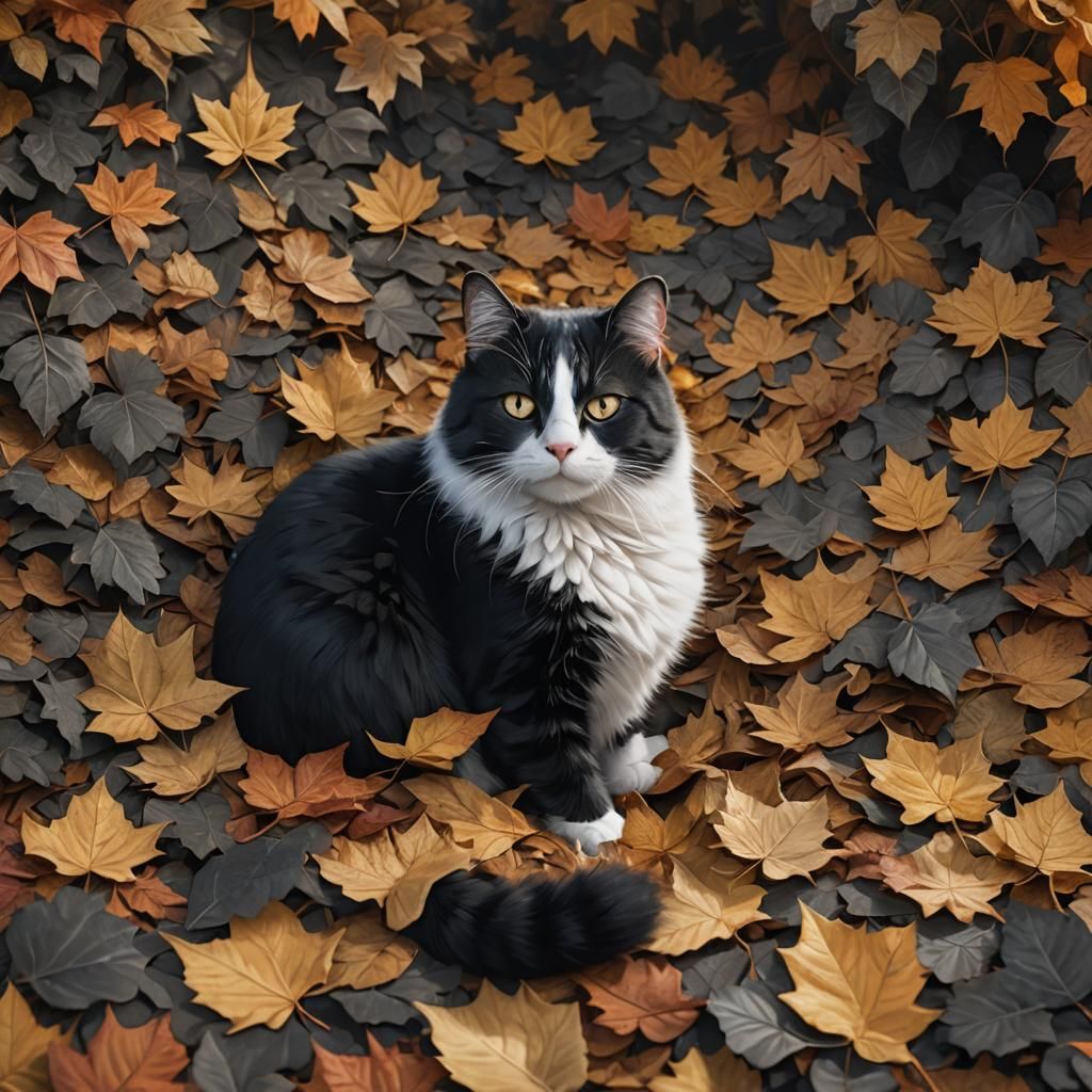 Black and White Cat in Autumn Leaves: Impressionistic Style