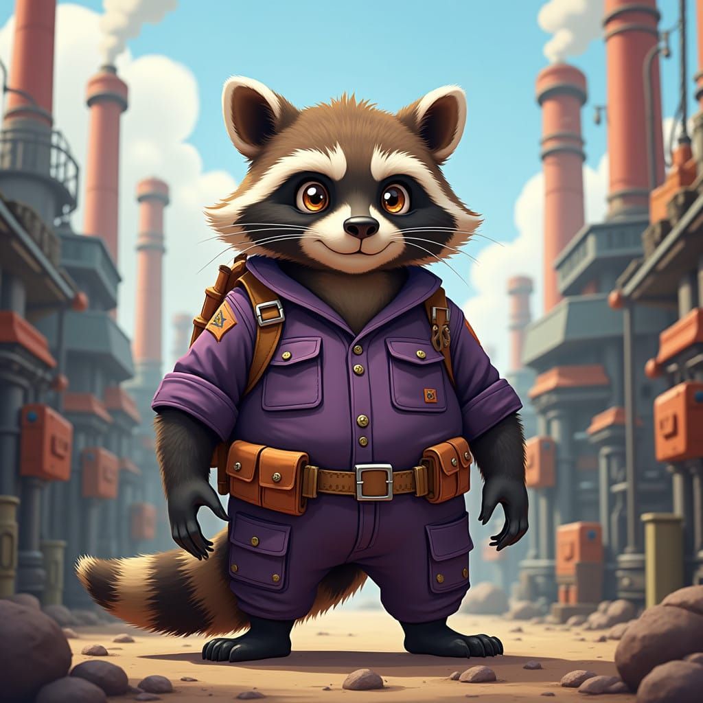 Whimsical Engineer Raccoon in Factorio Factory