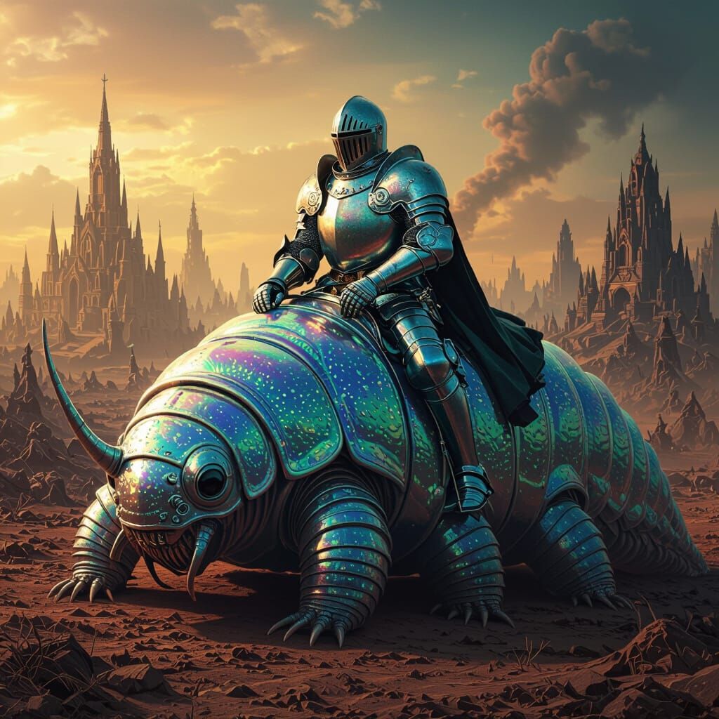 Knight Rides Colossal Tardigrade Through Hellish Landscape