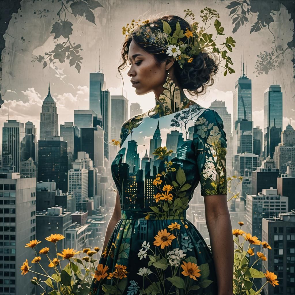 Botanical Silhouette: Woman and City Double Exposure