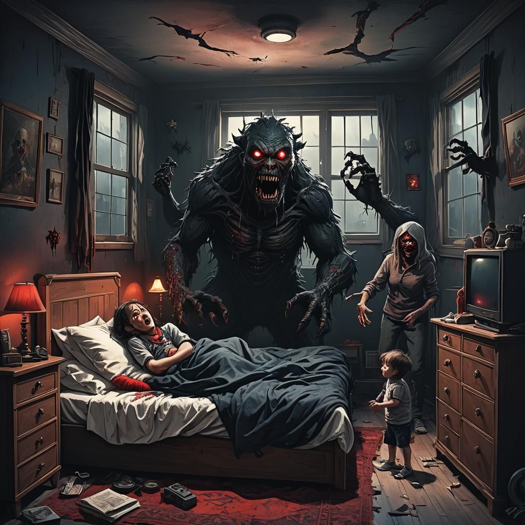 Scared Family Confronting Monsters in Dark Room
