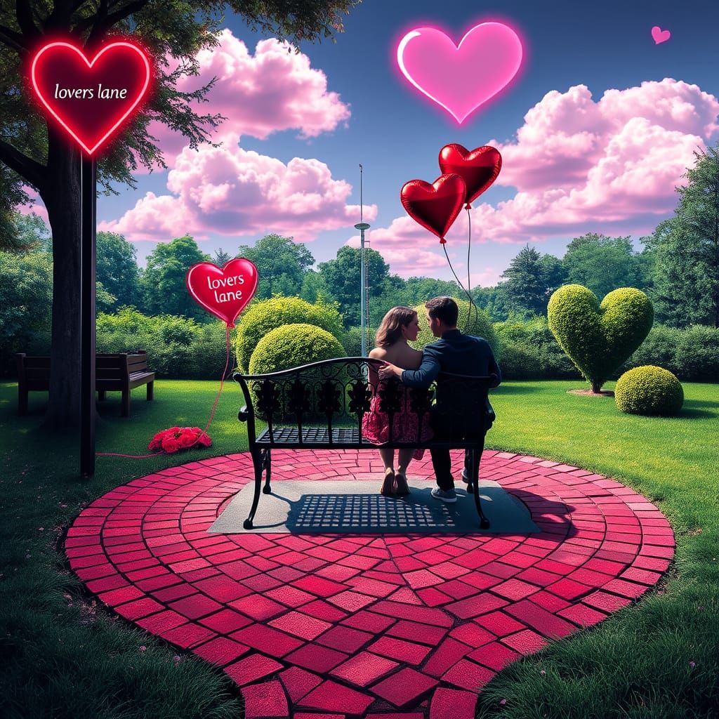 Romantic Scene on Lovers Lane with Heart Shaped Elements