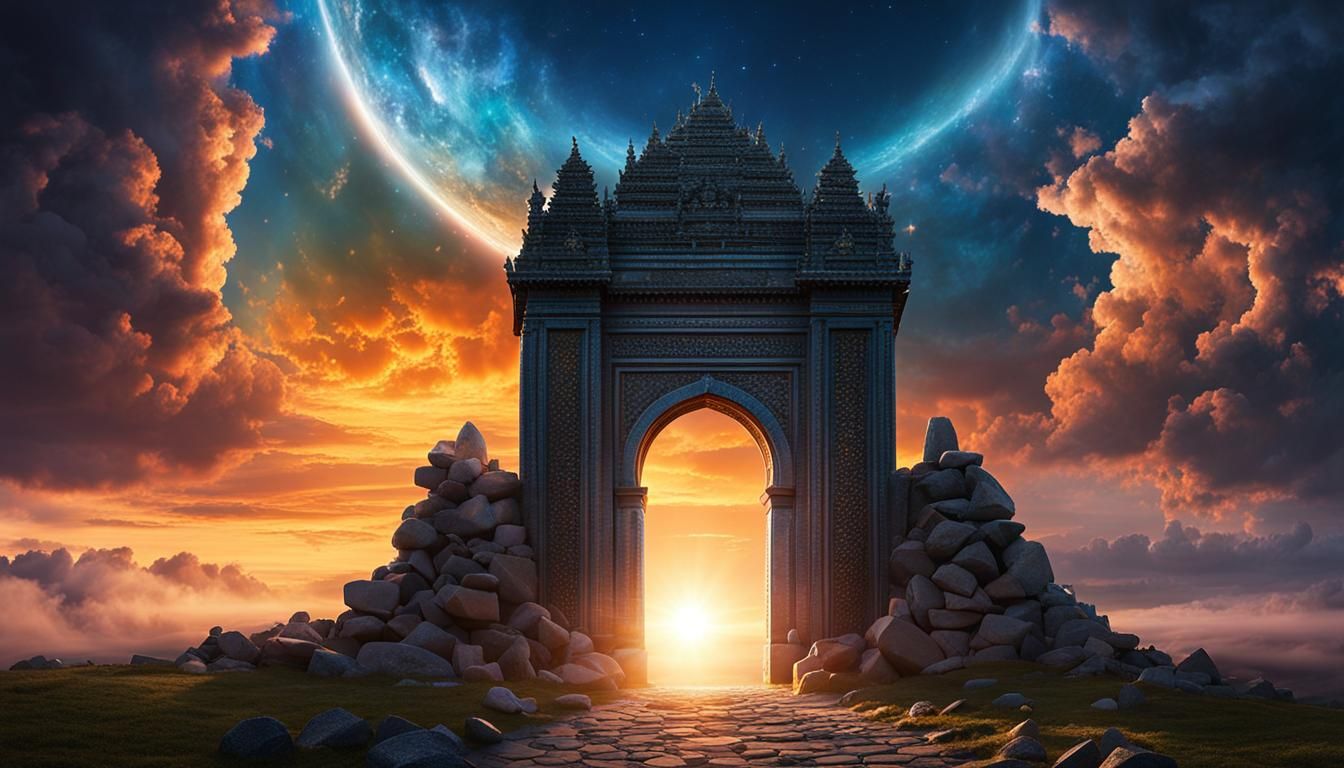 Illustrate a colossal gateway towering into the clouds, made...