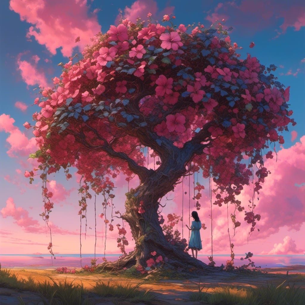 Girl Reading Under Trees in Azure Pink Sky