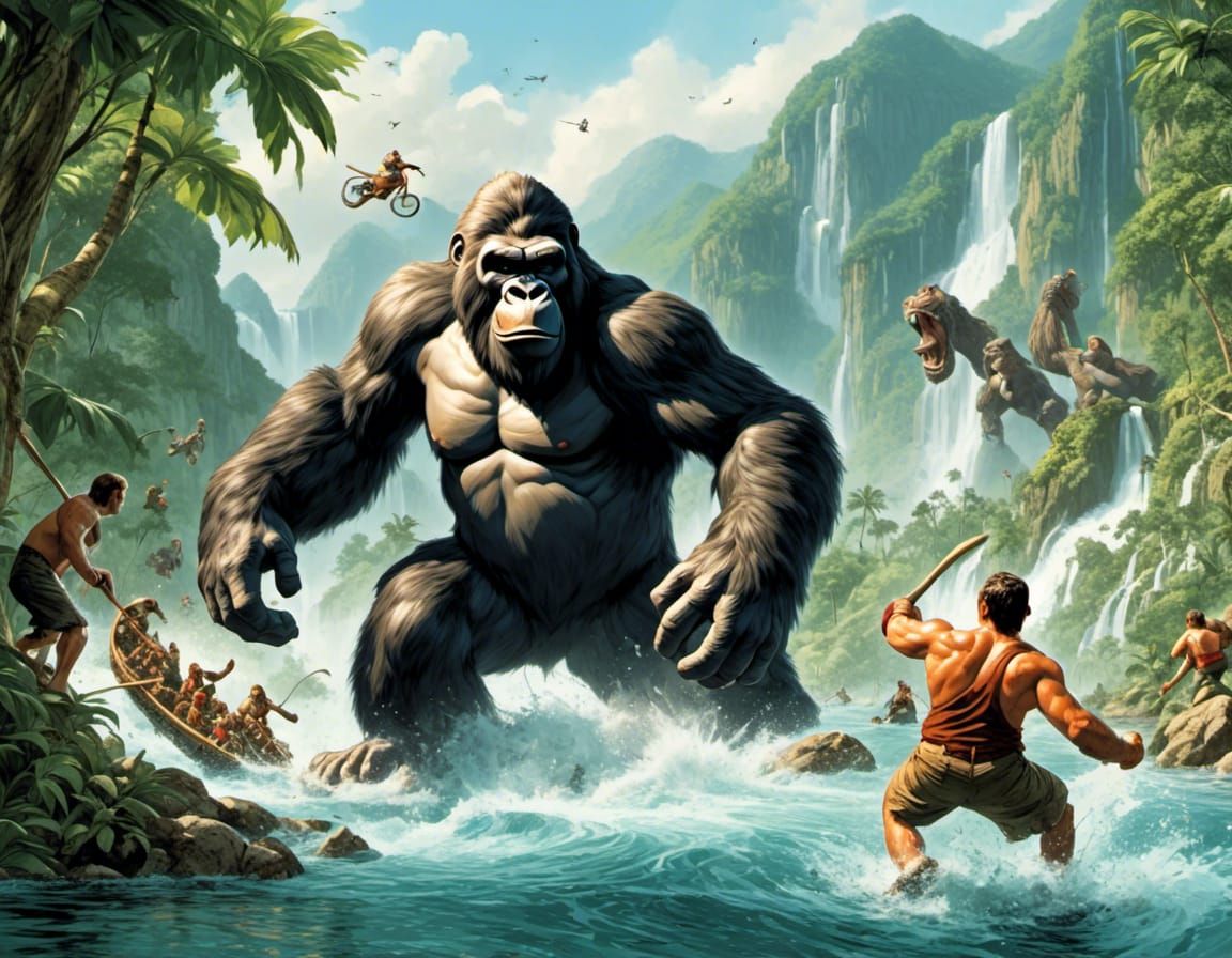 King Kong, the giant ape, fighting men in a river
