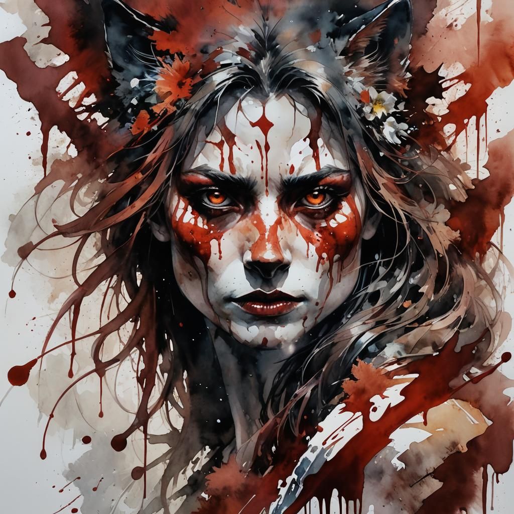 Wolf Portrait on Blood Moon in Watercolor Style