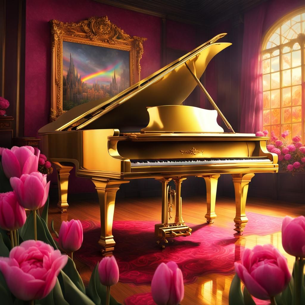 Golden Piano Surrounded by Rainbow Flames and Flowers