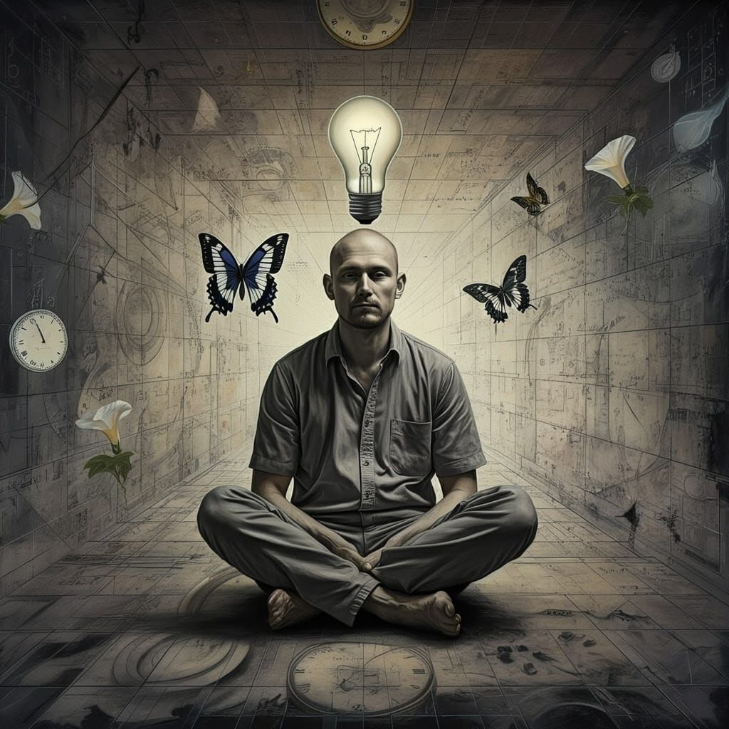 Contemplative Man Surrounded by Equations and Flowers