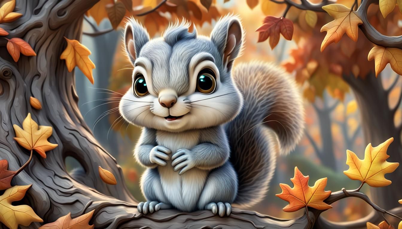 Chibi Squirrel in Autumn Tree, 3D Cartoon Fantasy