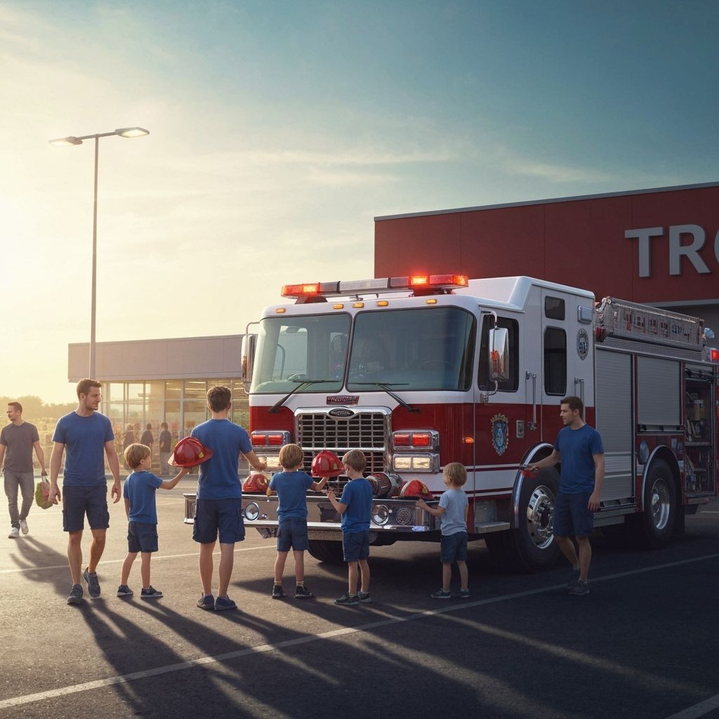 Cinematic Matte Painting of Fire Engine Distributing Helmets
