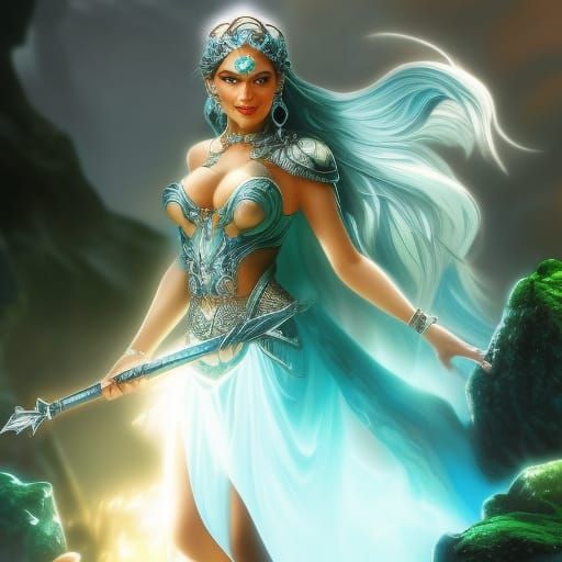 Atlantean Princess with Trident, Hyperrealistic Digital Art