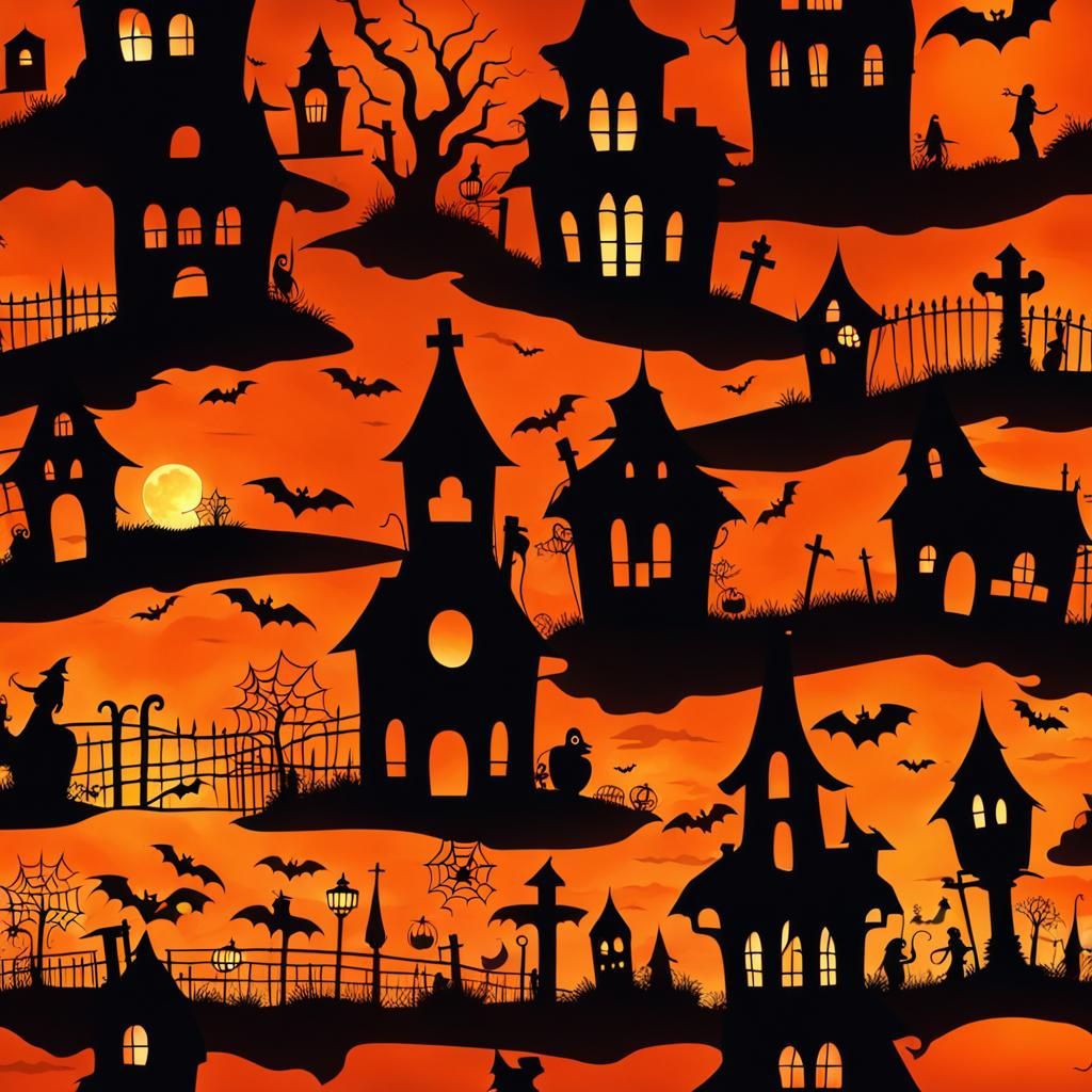 Orange Halloween City with Ghosts in Acrylic Style