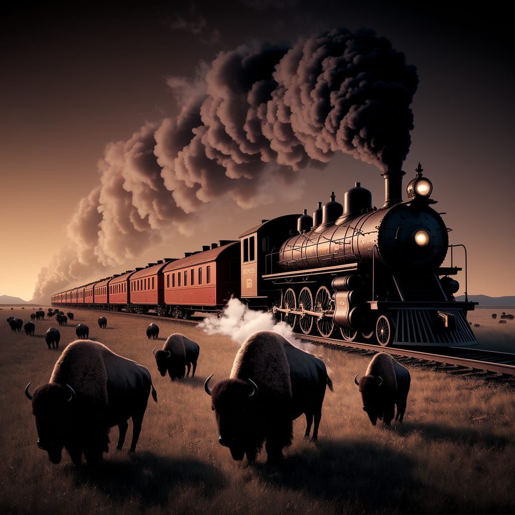 Vintage Locomotive Chugs Across Western Plains with Bison in...