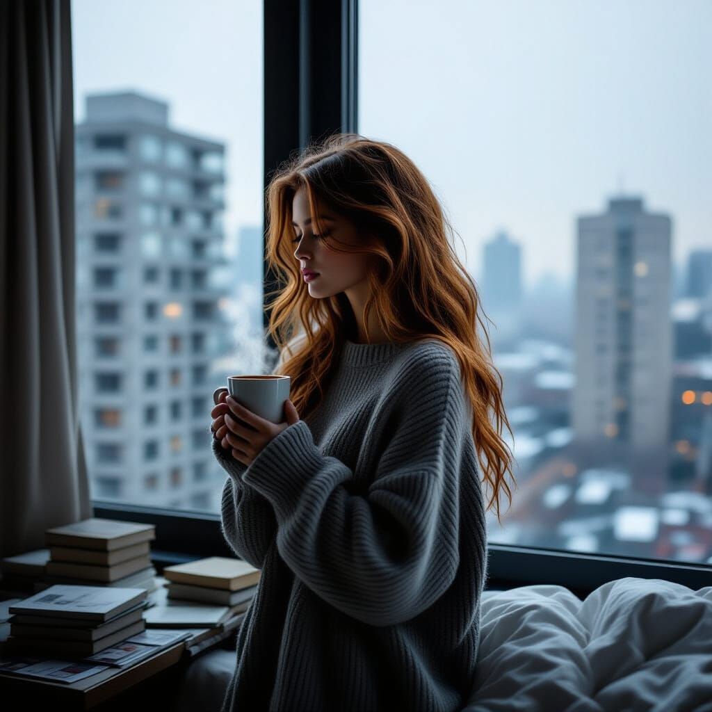 Girl with Coffee by Window in Cinematic Style