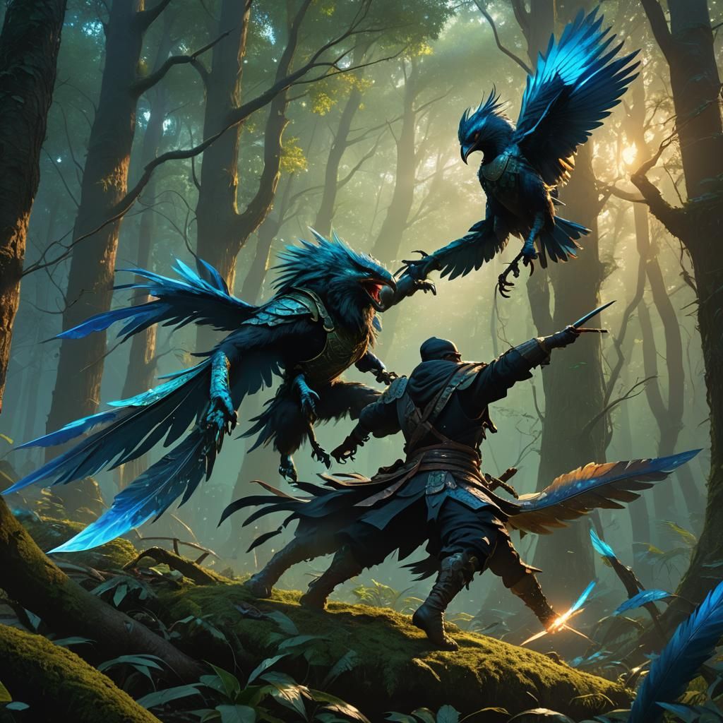 Bird Ninja vs Four-Armed Beast in Mystical Forest