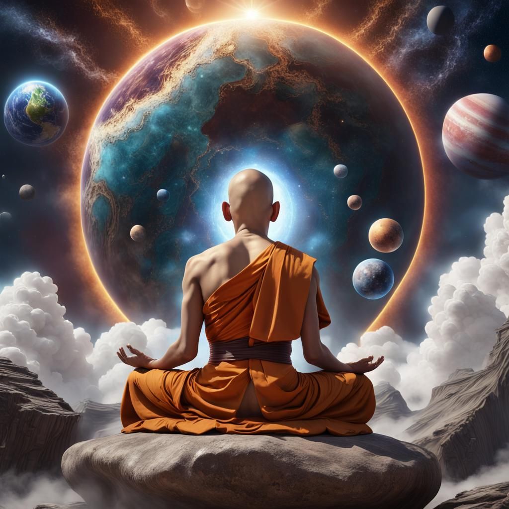 Monk Meditates Before Astral Universe, Digital Art