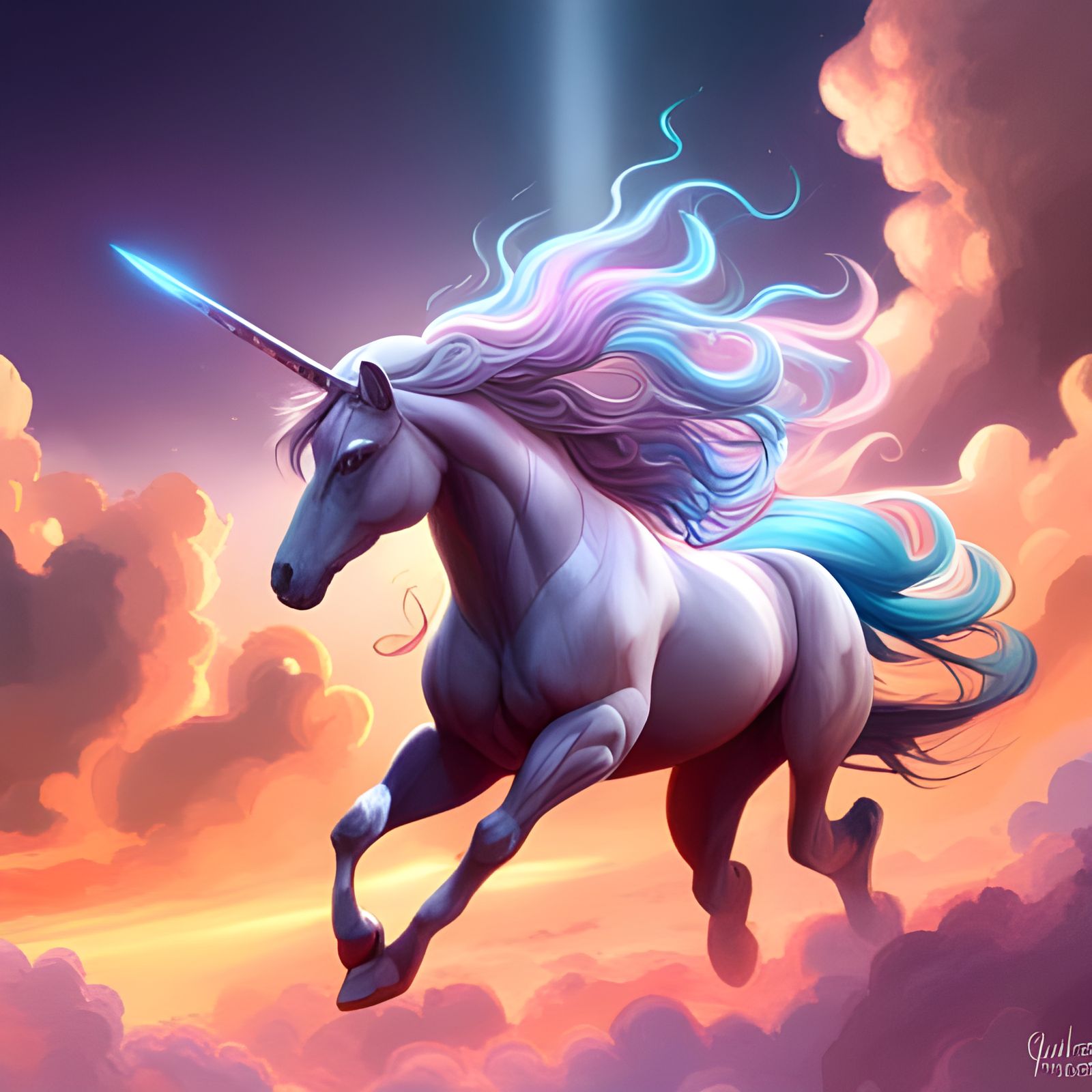 Unicorn jumping through clouds.