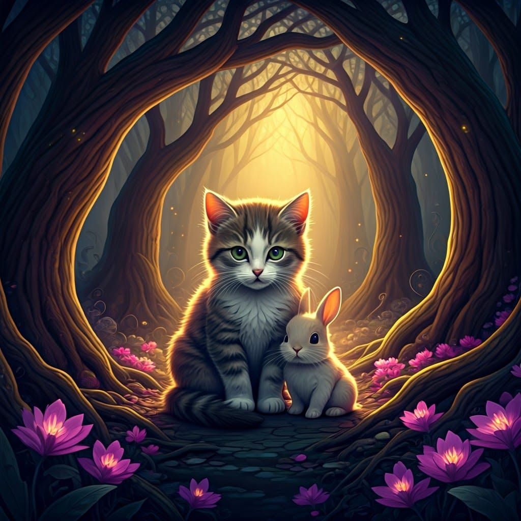 Kitten and Bunny in Mystical Forest, Art Nouveau Style