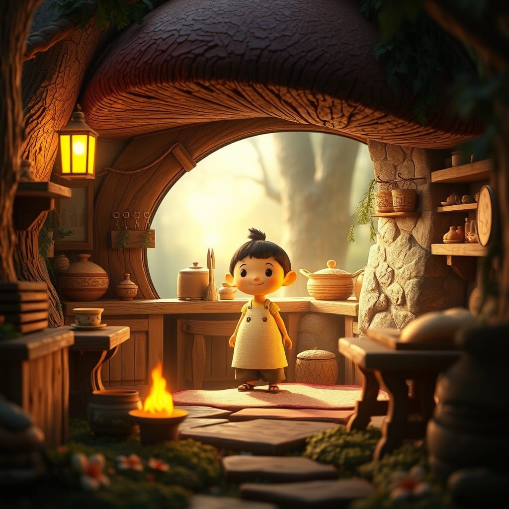 Whimsical Brownie Spirit in Enchanted Forest Kitchen