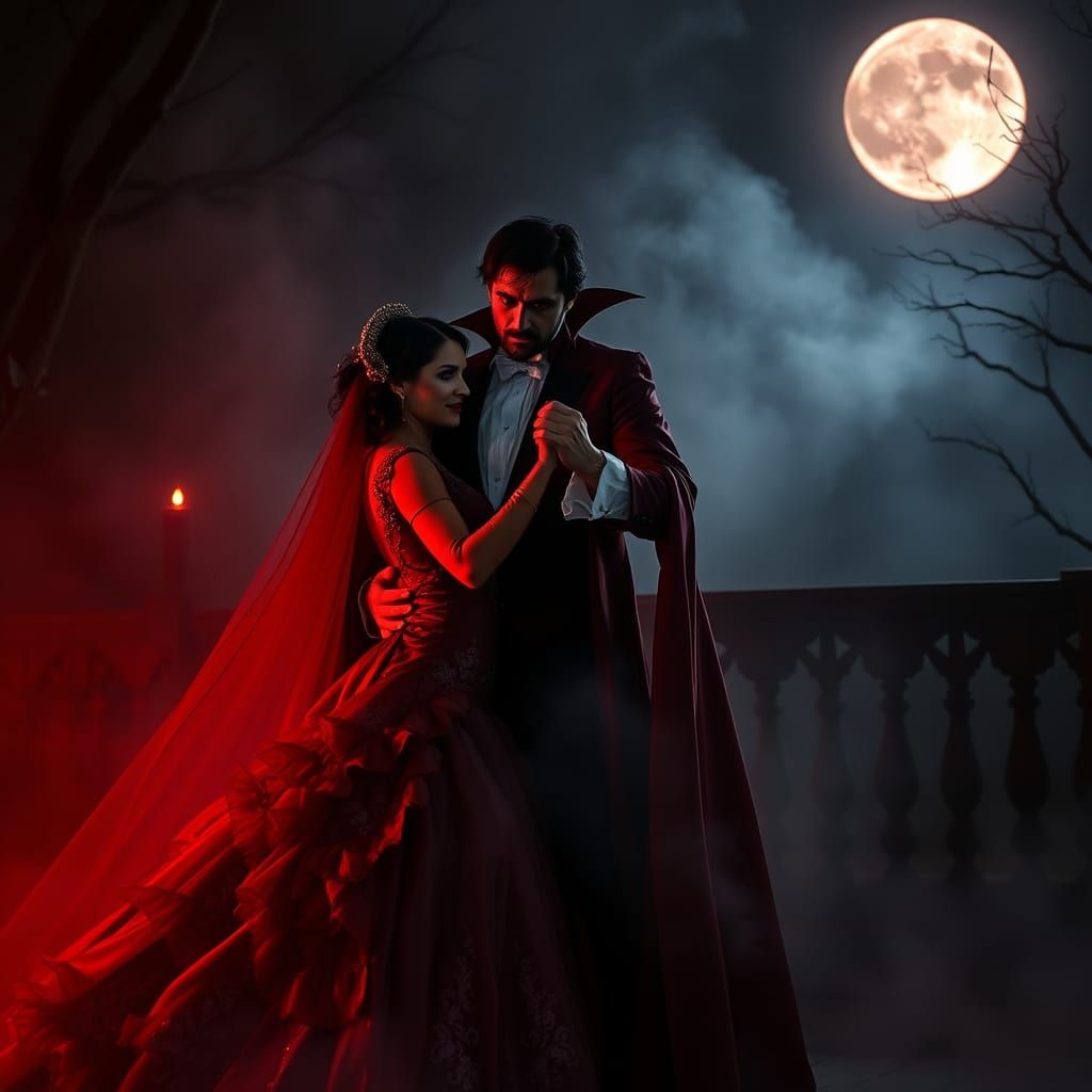 Monster Formal: Vampire and Woman Dance Under Blood Moon