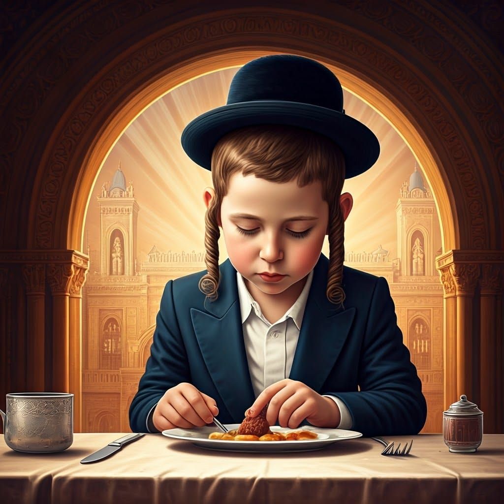 Orthodox Hasidic Boy Blesses Food with Temple of Jerusalem i...